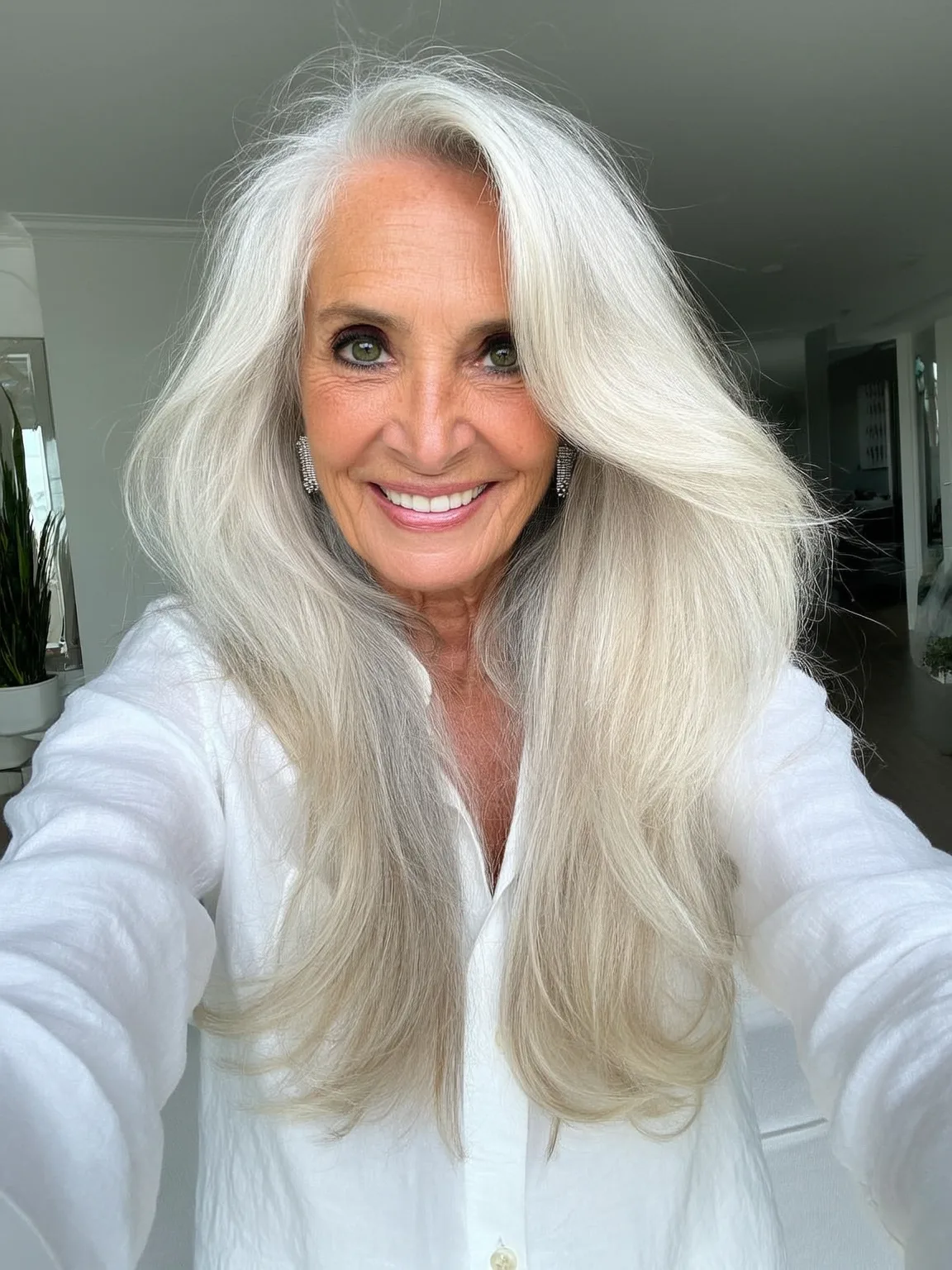 Silver Frost Wavy Long Layers with Side-Swept Bangs